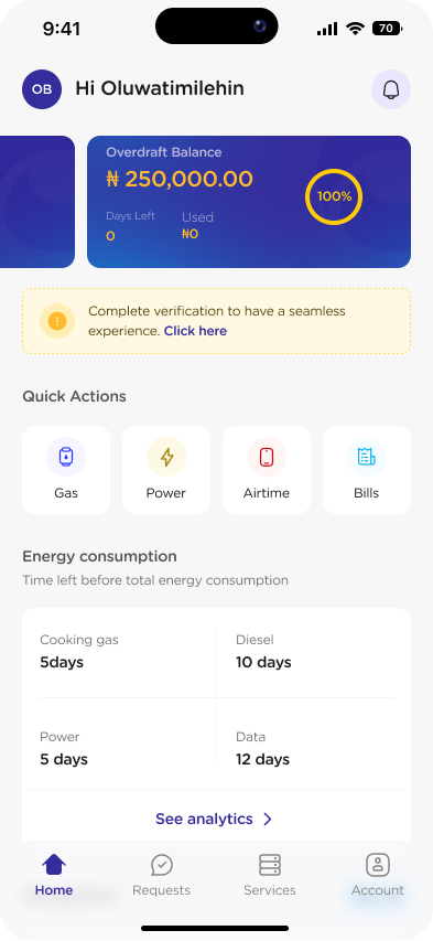 Home – Existing user – Verification not completed